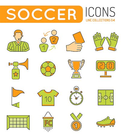 flat soccer ball - Soccer and Football Thin Lines Color Web Icon Set with Flat Elements for Flyer, Poster like Referee, Ball and Trophy. Stock Photo - Budget Royalty-Free & Subscription, Code: 400-08138768