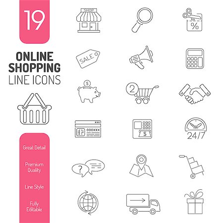simsearch:400-08133385,k - Online Shopping Thin Lines Web Icon Set for Flyer, Poster, Web Site Like Shop, Delivery, Marketing, Support, Cart, Sale Fotografie stock - Microstock e Abbonamento, Codice: 400-08138760