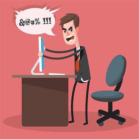 Furious frustrated businessman hitting the computer. Cartoon character. Illustration in the style of the material design. Stock Photo - Budget Royalty-Free & Subscription, Code: 400-08138775