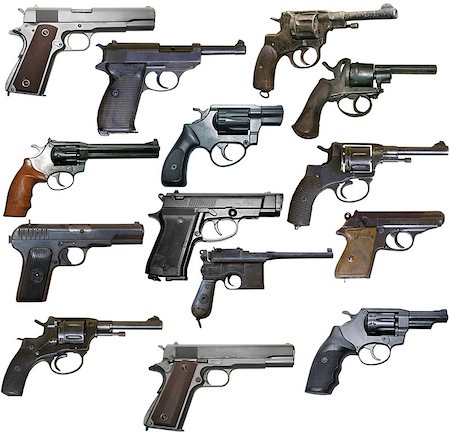 Set of isolated vintage personal firearms of XX century on white Stock Photo - Budget Royalty-Free & Subscription, Code: 400-08131708