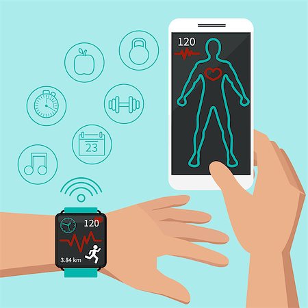 simsearch:400-08152542,k - Smart watch technology concept, personal digital device on hand with mobile apps like phone calls, internet browsing, navigation, music and media player. Flat design modern vector illustration concept Stock Photo - Budget Royalty-Free & Subscription, Code: 400-08131923