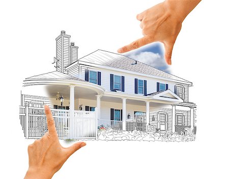 simsearch:400-08254335,k - Hands Framing House Drawing and Photo Combination on White. Fotografie stock - Microstock e Abbonamento, Codice: 400-08131965