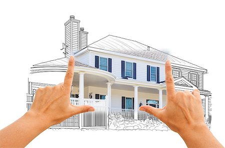 simsearch:400-08254335,k - Hands Framing House Drawing and Photo Combination on White. Fotografie stock - Microstock e Abbonamento, Codice: 400-08131963