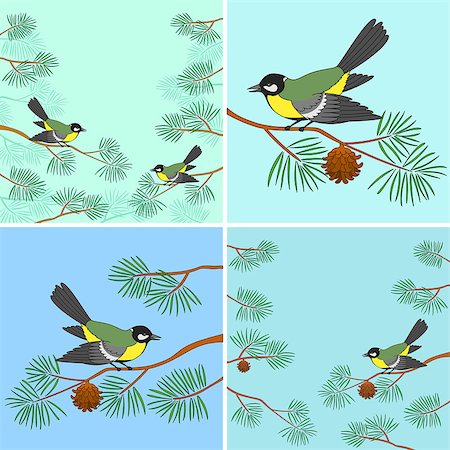 simsearch:400-08997409,k - Set Backgrounds, Birds Titmouse Sitting on Pine Branches Against Sky. Vector Foto de stock - Super Valor sin royalties y Suscripción, Código: 400-08132058