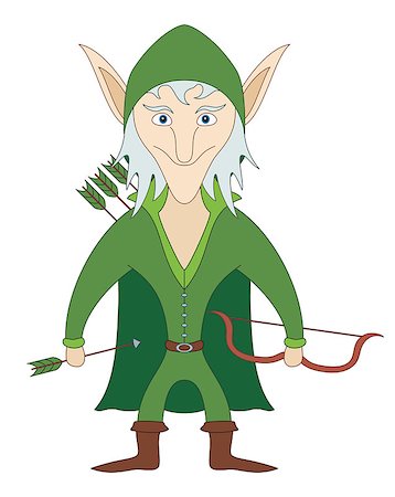 Elf archer standing with bow and arrows and smiling, funny comic cartoon character. Vector Photographie de stock - Aubaine LD & Abonnement, Code: 400-08132150
