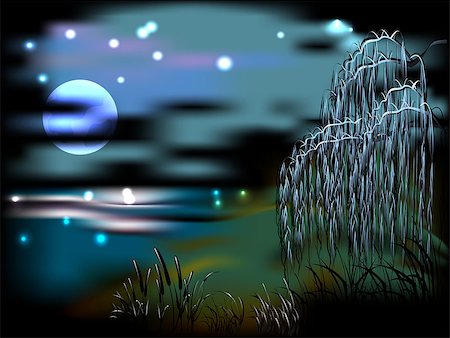 flowers in moonlight - Night landscape with lake and reeds in the light of the moon. EPS10 vector illustration Stock Photo - Budget Royalty-Free & Subscription, Code: 400-08132465