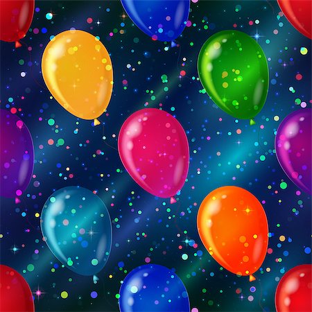 simsearch:400-08752377,k - Holiday seamless background for web design with confetti and color balloons flying in space with dark blue sky, stars and color cosmic rays. Eps10, contains transparencies. Vector Stockbilder - Microstock & Abonnement, Bildnummer: 400-08132529