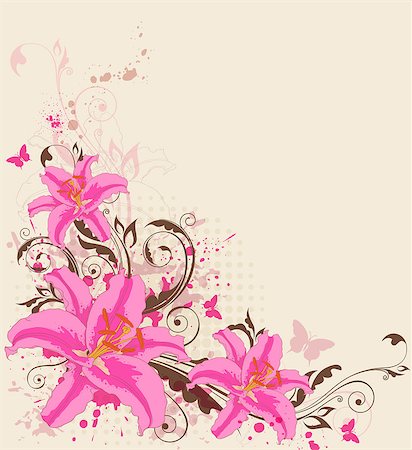 simsearch:400-08132574,k - Vector decorative  background with pink lily and butterflies Stockbilder - Microstock & Abonnement, Bildnummer: 400-08132561