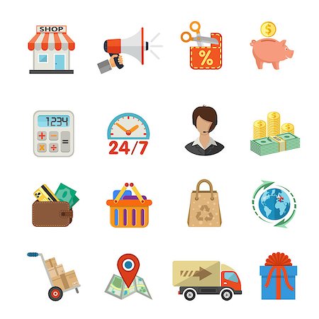 simsearch:400-08133409,k - Internet Shopping, Delivery and Cargo Detailed Flat Icon Set for e-commerce with money, truck, gift symbols. Vector isolated on white. Foto de stock - Super Valor sin royalties y Suscripción, Código: 400-08133406