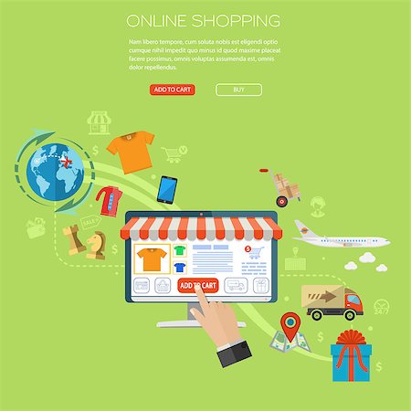 simsearch:400-08133385,k - Vector illustration in flat style different icons on theme of retail sales, marketing, online shopping, delivery of goods, such as computer, shop, airplane, smartphone signs and symbols Fotografie stock - Microstock e Abbonamento, Codice: 400-08133411