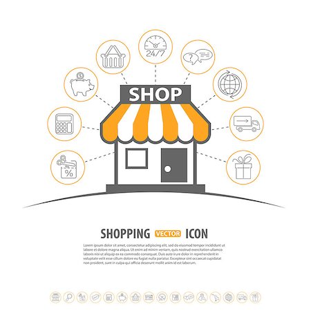 simsearch:400-08133385,k - Internet Shopping vector concept with Line Icon Set and Flat Shop Icon for e-commerce marketing and advertising Fotografie stock - Microstock e Abbonamento, Codice: 400-08133412