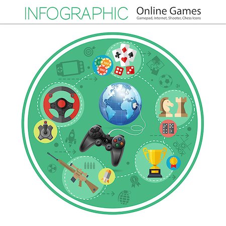 simsearch:400-08936098,k - Online Games Infographics Concept in Realistic 3D and Flat Style with Gamepad, Earth and Award Icons. Vector illustration isolated on white background. Foto de stock - Super Valor sin royalties y Suscripción, Código: 400-08133469