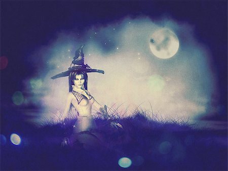 simsearch:400-09132992,k - Halloween background with witch woman conjuring at night. Stock Photo - Budget Royalty-Free & Subscription, Code: 400-08133605