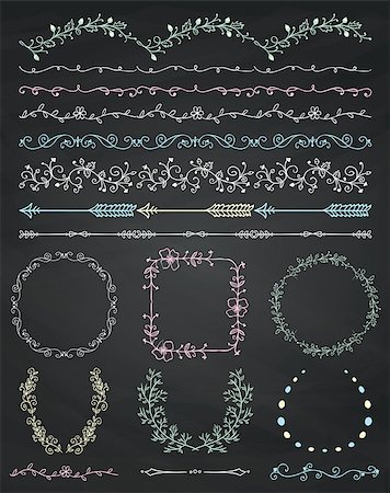 simsearch:400-08755813,k - Collection of Chalk Drawing Artistic Hand Sketched Decorative Doodle Vintage Seamless Borders. Frames, Wreaths, Branches, Dividers. Design Elements. Hand Drawn Vector Illustration. Chalkboard Texture Stock Photo - Budget Royalty-Free & Subscription, Code: 400-08133818