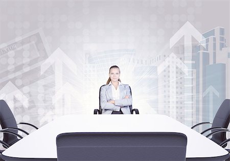 simsearch:400-08161703,k - Successful businesswoman sitting at table and looking at camera on abstract light background with up arrows Photographie de stock - Aubaine LD & Abonnement, Code: 400-08154353