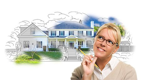 simsearch:400-08254335,k - Woman with Pencil Over House Drawing and Photo Combination on White. Fotografie stock - Microstock e Abbonamento, Codice: 400-08154606