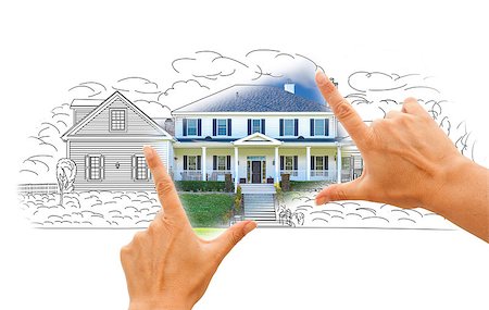 simsearch:400-08254335,k - Hands Framing House Drawing and Photo Combination on White. Fotografie stock - Microstock e Abbonamento, Codice: 400-08154602