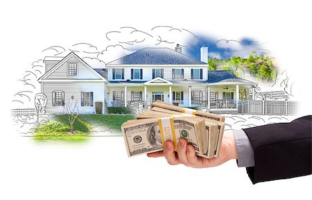 simsearch:400-08254335,k - Hand Holding Thousands of Dollars In Cash Over House Drawing and Photo Area. Fotografie stock - Microstock e Abbonamento, Codice: 400-08154603