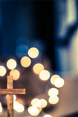 simsearch:400-07090264,k - A wooden cross with defocused warm lights in the background. Stock Photo - Budget Royalty-Free & Subscription, Code: 400-08154624