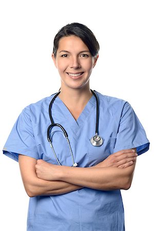 Portrait of a friendly young female physician wearing medical uniform and a stethoscope around the neck while posing with folded arms Stock Photo - Budget Royalty-Free & Subscription, Code: 400-08154948