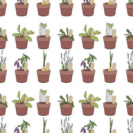 Seamless pattern with herbs and vegetables in flower pots. Endless texture. Simple soft colors, contour. Stock Photo - Budget Royalty-Free & Subscription, Code: 400-08155117