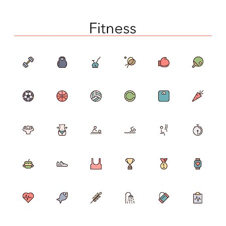 Fitness and a healthy lifestyle colored line icons set. Vector illustration. Foto de stock - Super Valor sin royalties y Suscripción, Código: 400-08155385