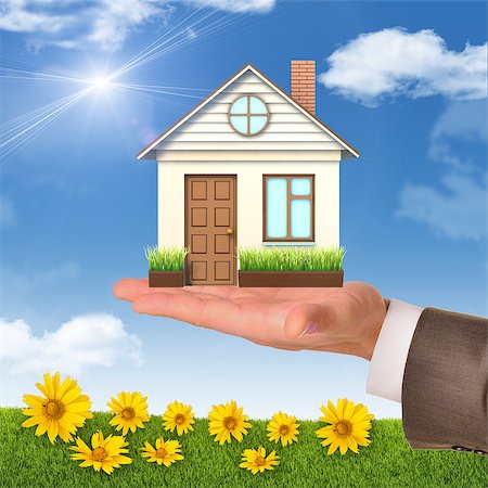 House on businessmans hand on blue sky background with flowers Stock Photo - Budget Royalty-Free & Subscription, Code: 400-08155762