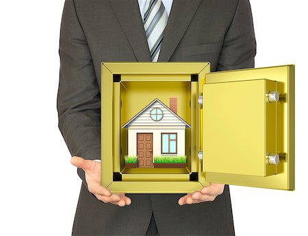 Man in suit holding house in safe on isolated white background Stock Photo - Budget Royalty-Free & Subscription, Code: 400-08156765