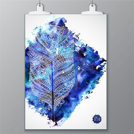 simsearch:400-04871184,k - Poster with watercolor stain and doodle graphic feather hanging on plaster monochrom wall background. Overlay dust grainy texture for your design. Decorative render. Photographie de stock - Aubaine LD & Abonnement, Code: 400-08157194