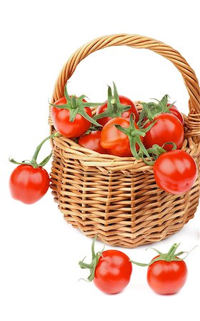 simsearch:400-06857433,k - Wicker Basket with Perfect Ripe Cherry Tomatoes with Stems closeup on white background Foto de stock - Super Valor sin royalties y Suscripción, Código: 400-08157222
