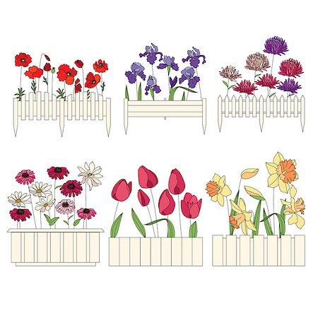 Flower pots with cultivated flowers. Decorative fence. Plants growing on window sills and balcony Stock Photo - Budget Royalty-Free & Subscription, Code: 400-08157245