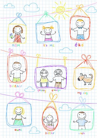 family dog grandparents parents child - Portraits of happy family. Vector sketch on notebook page Stock Photo - Budget Royalty-Free & Subscription, Code: 400-08157253