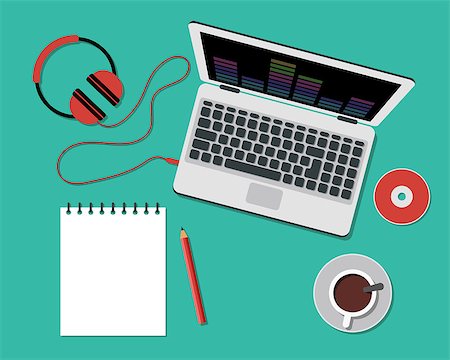 Top view of a table with note paper, laptop, headphones and coffee cup. Working or studying concept. Flat Style Modern Design. Vector Illustration Stockbilder - Microstock & Abonnement, Bildnummer: 400-08157366