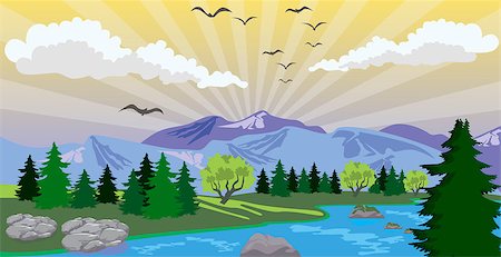Illustration of beauty landscape with sunrise under lake and mountain Fotografie stock - Microstock e Abbonamento, Codice: 400-08157391