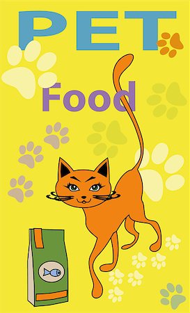 Cat of red color, a cat's forage, food for animals, blue fish, a long tail, traces of paws, house an animal, green eyes, yellow background, illustration of a cat, red animal, Stock Photo - Budget Royalty-Free & Subscription, Code: 400-08158014