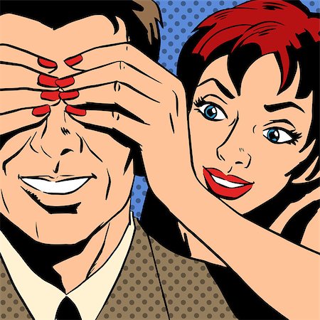 Flirt woman who is closed the man eyes comics retro style pop art. The theme of love, relationships and communication. Imitation bitmap effect Stock Photo - Budget Royalty-Free & Subscription, Code: 400-08158400