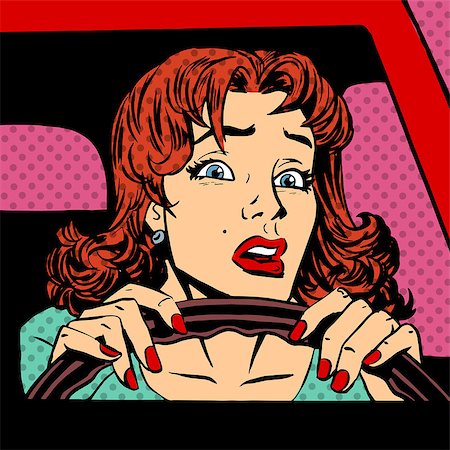 simsearch:400-08158429,k - Inexperienced woman driver of the car accident pop art comics retro style Halftone. Imitation of old illustrations Foto de stock - Super Valor sin royalties y Suscripción, Código: 400-08158424