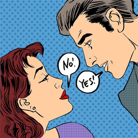 dispute men and women the woman says no and he says Yes pop art comics retro style Halftone. Imitation of old illustrations Stock Photo - Budget Royalty-Free & Subscription, Code: 400-08158426