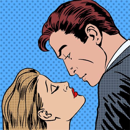 simsearch:400-08196065,k - Love men and women kiss pop art comics retro style Halftone. Imitation of old illustrations. Romantic date Stock Photo - Budget Royalty-Free & Subscription, Code: 400-08158428