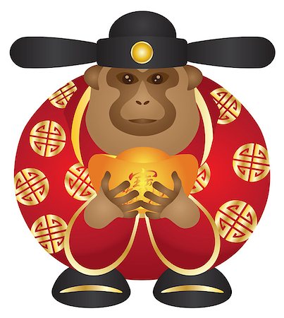 simsearch:400-08978362,k - 2016 Chinese Lunar New Year Money God Monkey Zodiac with Gold Bars and Chinese Text Symbol of Money and Treasure Color Illustration Foto de stock - Super Valor sin royalties y Suscripción, Código: 400-08158801