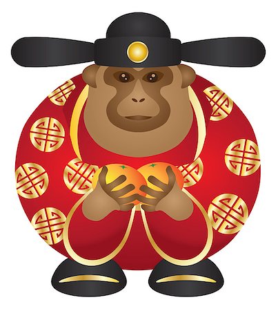 simsearch:400-08978362,k - 2016 Chinese Lunar New Year Money God Monkey Zodiac with Oranges and Chinese Text Symbol of Longevity Color Illustration Foto de stock - Super Valor sin royalties y Suscripción, Código: 400-08158802