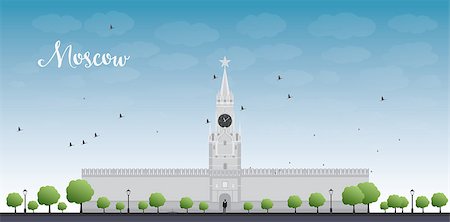 simsearch:400-07049527,k - Kremlin Spasskaya tower with clock on Red Square, Moscow, Russia. Vector illustration Photographie de stock - Aubaine LD & Abonnement, Code: 400-08158945
