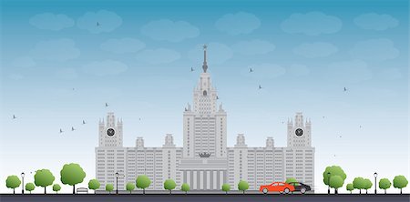 MGU. Moscow State University, Moscow, Russia. Vector illustration with cars and blue sky Stockbilder - Microstock & Abonnement, Bildnummer: 400-08158948