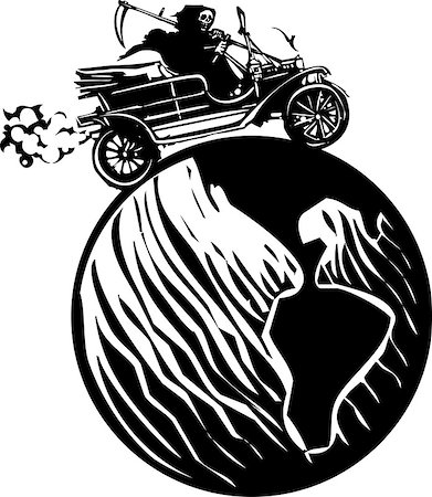 Woodcut style expressionist image of the grim reaper death driving a vintage car around the globe Stockbilder - Microstock & Abonnement, Bildnummer: 400-08159221