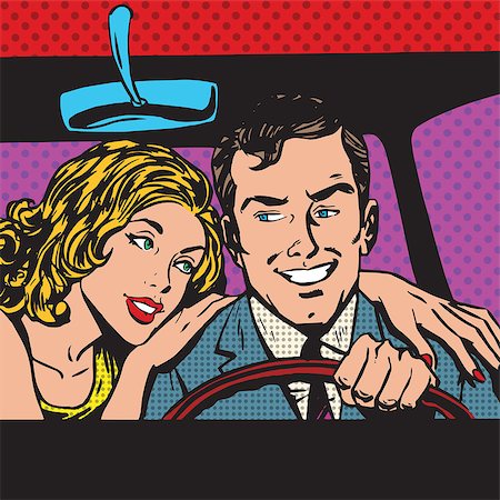 Man and woman in the car family pop art comics retro style Halftone. Imitation of old illustrations. Imitation vintage illustrations. Buy transport Stock Photo - Budget Royalty-Free & Subscription, Code: 400-08159449