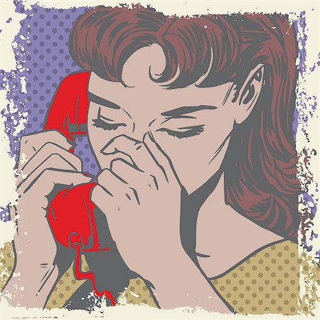 phone pop art - Woman talking on the phone sad pop art comics retro style Halftone. Imitation of old illustrations. Delave effect old paper Stock Photo - Budget Royalty-Free & Subscription, Code: 400-08159465