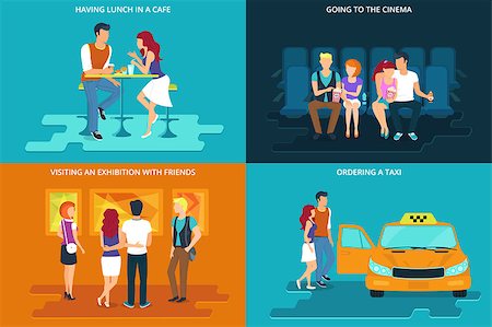 Students friendships flat concept icons set of lunch in the cafe, watching a movie in the cinema, visiting an exhibition and ordering taxi Stock Photo - Budget Royalty-Free & Subscription, Code: 400-08159748