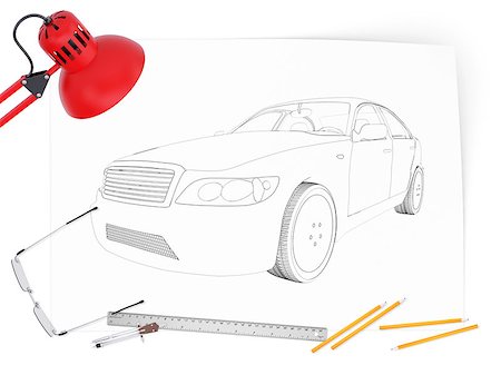 simsearch:400-08161703,k - Graphic car model on blank sheet with lamp and different stuff on isolated white background Photographie de stock - Aubaine LD & Abonnement, Code: 400-08159874