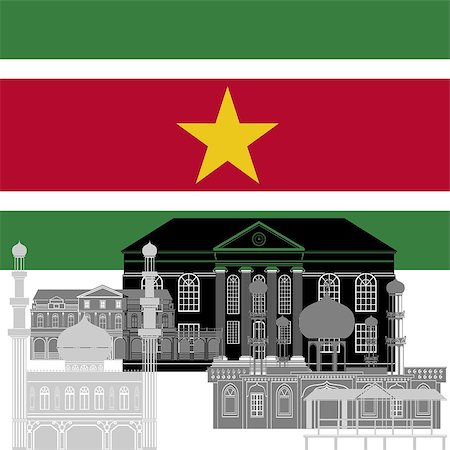 suriname - The national flag of the Suriname and the contour image of architectural landmarks of this country. Illustration on white background. Photographie de stock - Aubaine LD & Abonnement, Code: 400-08151146
