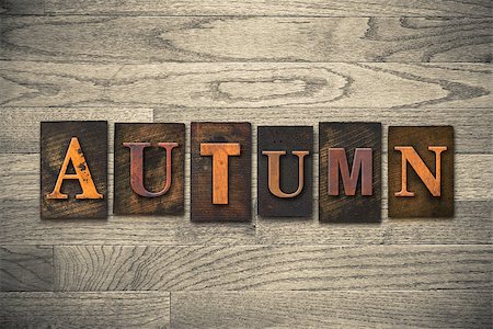 simsearch:400-08152413,k - The word "AUTUMN" theme written in vintage, ink stained, wooden letterpress type on a wood grained background. Foto de stock - Super Valor sin royalties y Suscripción, Código: 400-08152381